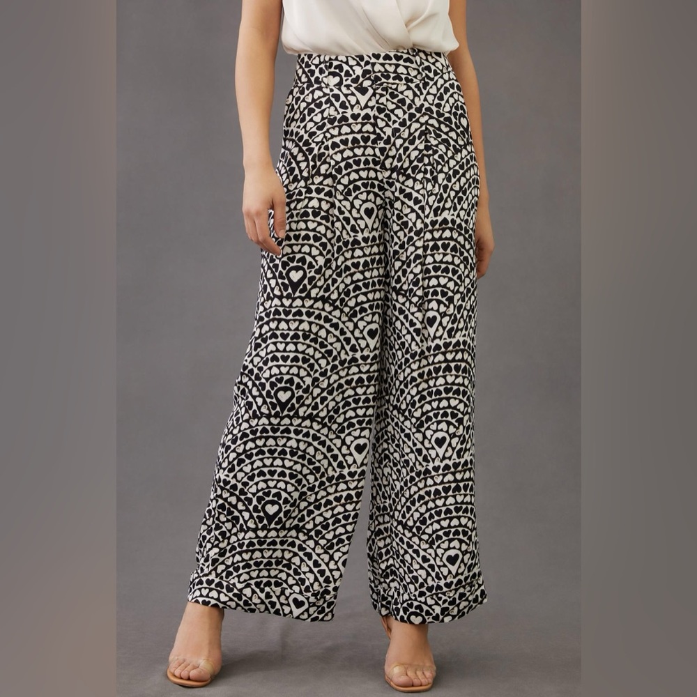 Farm Rip Anthropolgie Satin Pleated Wide Leg Heart Pants Size XL